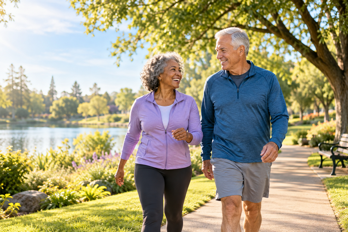 Older adults walking beside a lake
