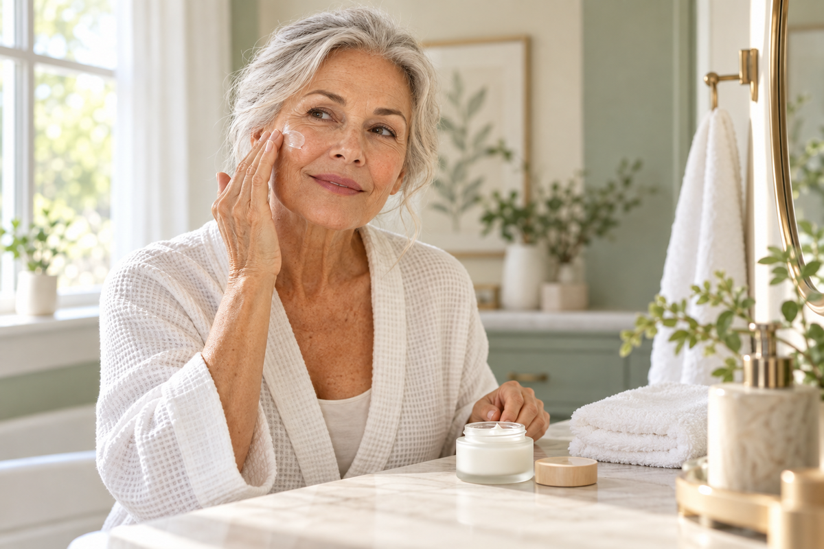 Woman over 50 applying face cream at a bathroom counter