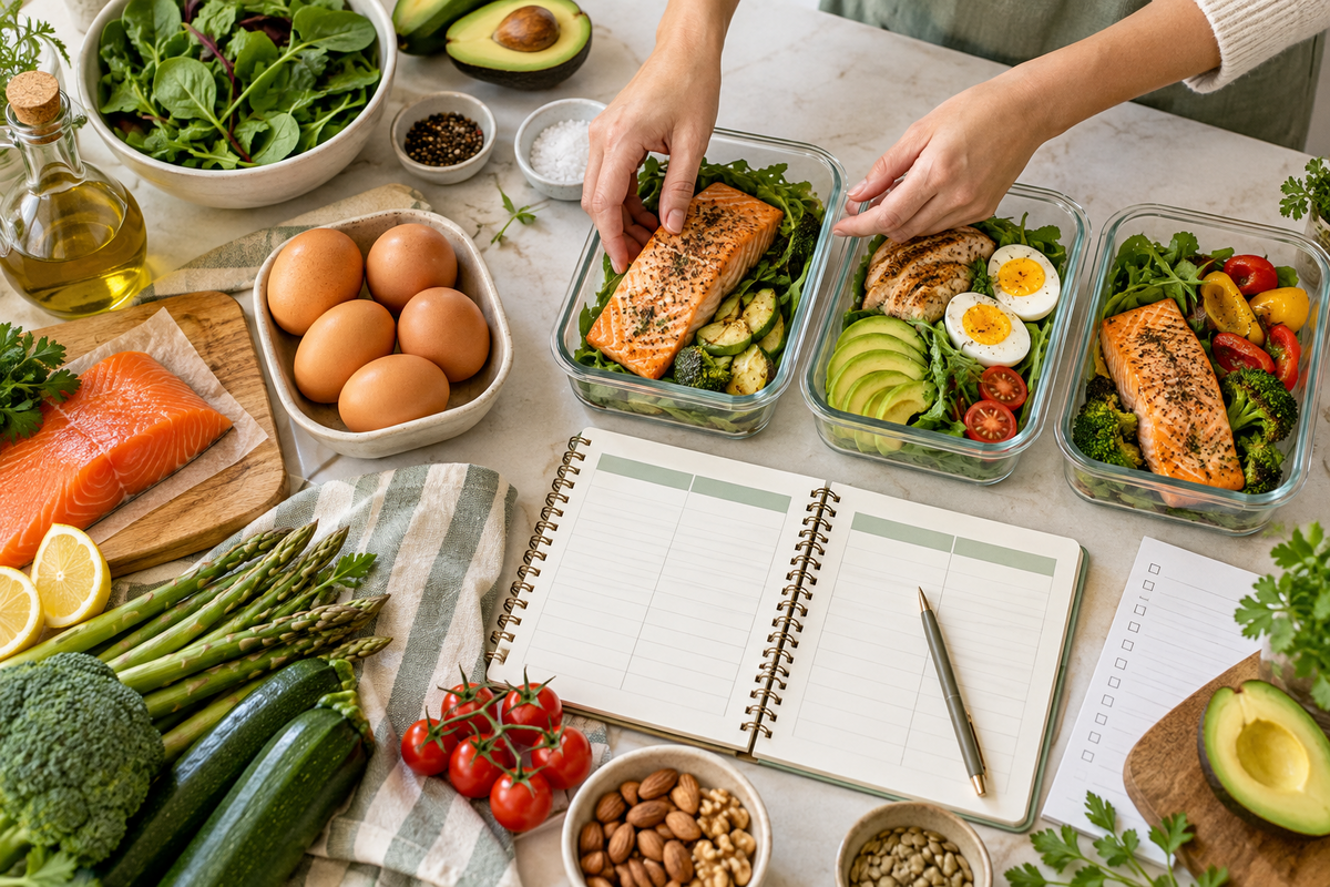 Keto meal prep and planning with salmon, eggs, and vegetables