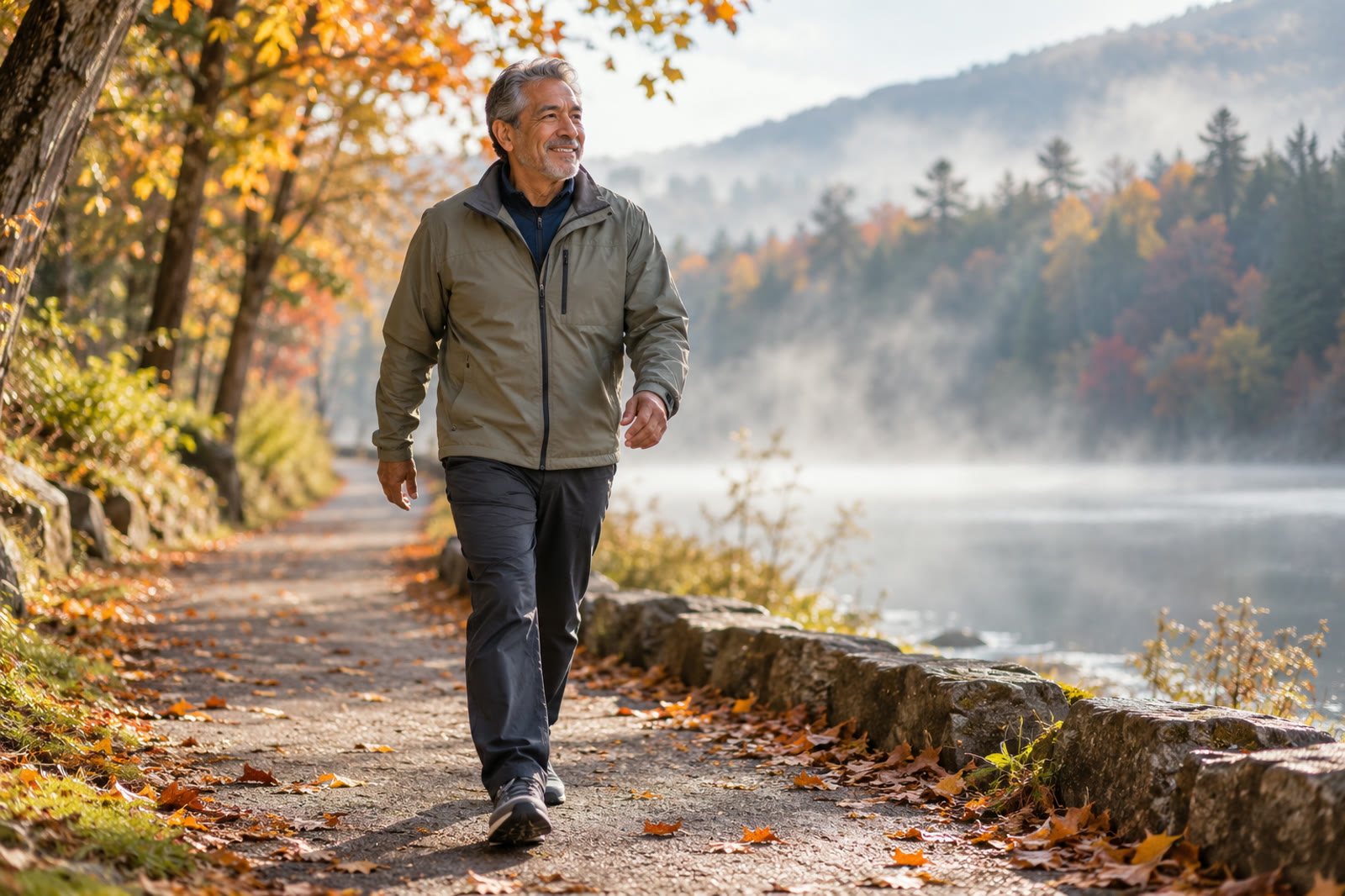 Older man walking briskly outdoors on a cool autumn day