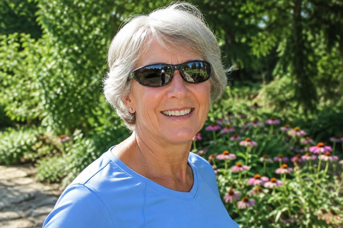 Woman in her late 60s wearing wrap-around sunglasses outdoors