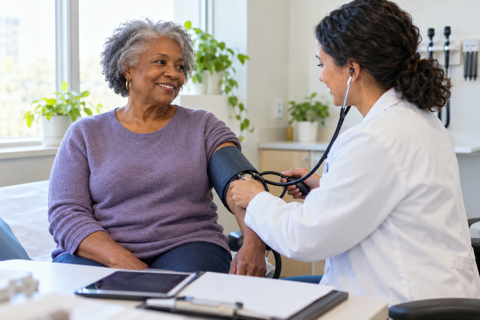 Doctor checking an older woman's blood pressure