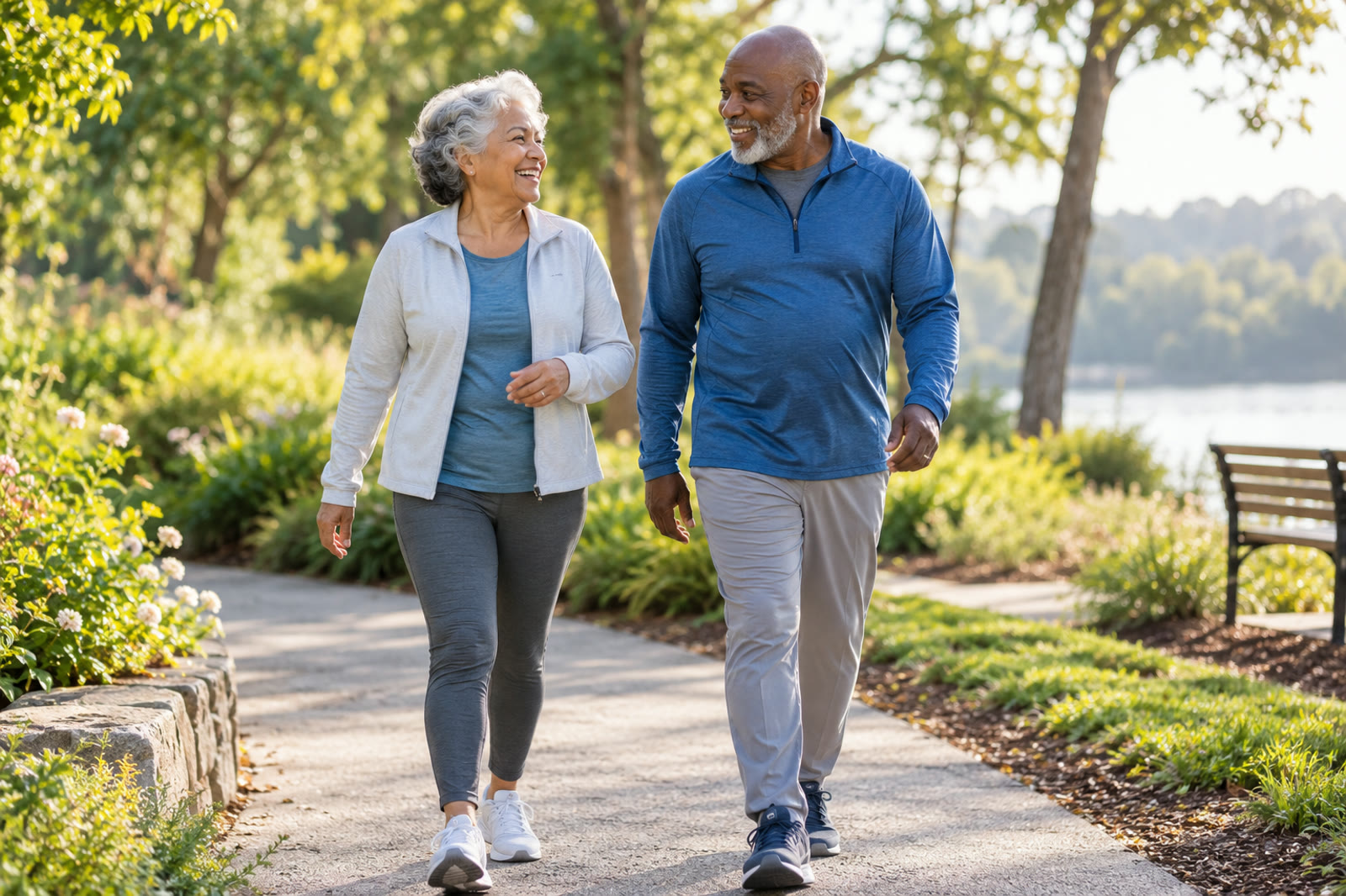 Older couple walking together in a park
