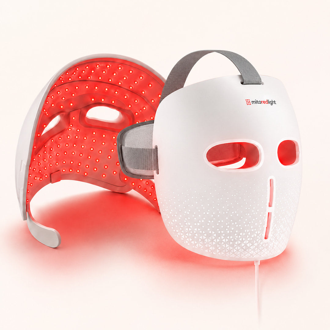 MitoGLOW LED face mask by Mito Red, front and back view with red LEDs glowing