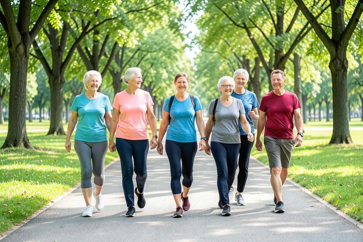 Group of adults over 60 walking together on a level park path