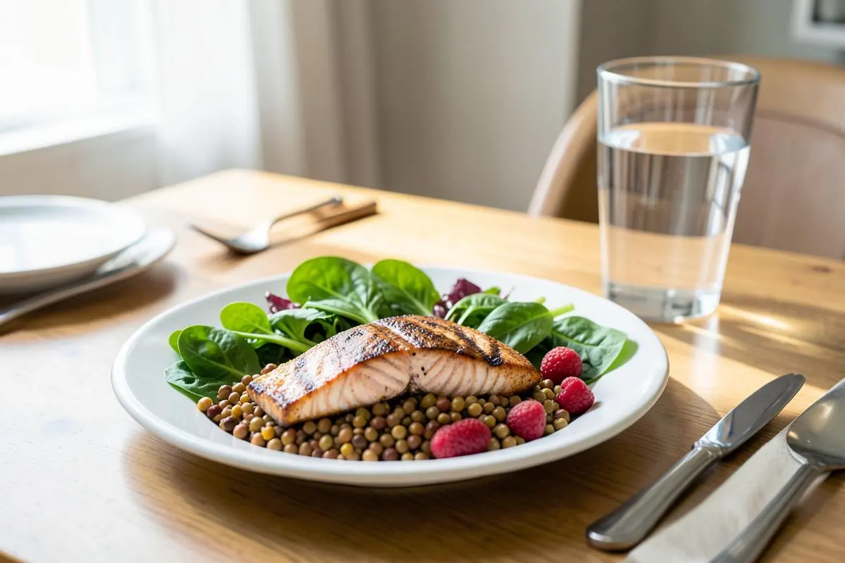 Balanced meal of salmon, lentils, leafy greens, berries, and water