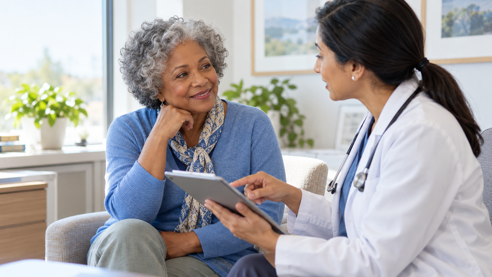 Older woman with curly gray hair smiling while talking with her doctor, who is pointing at a tablet