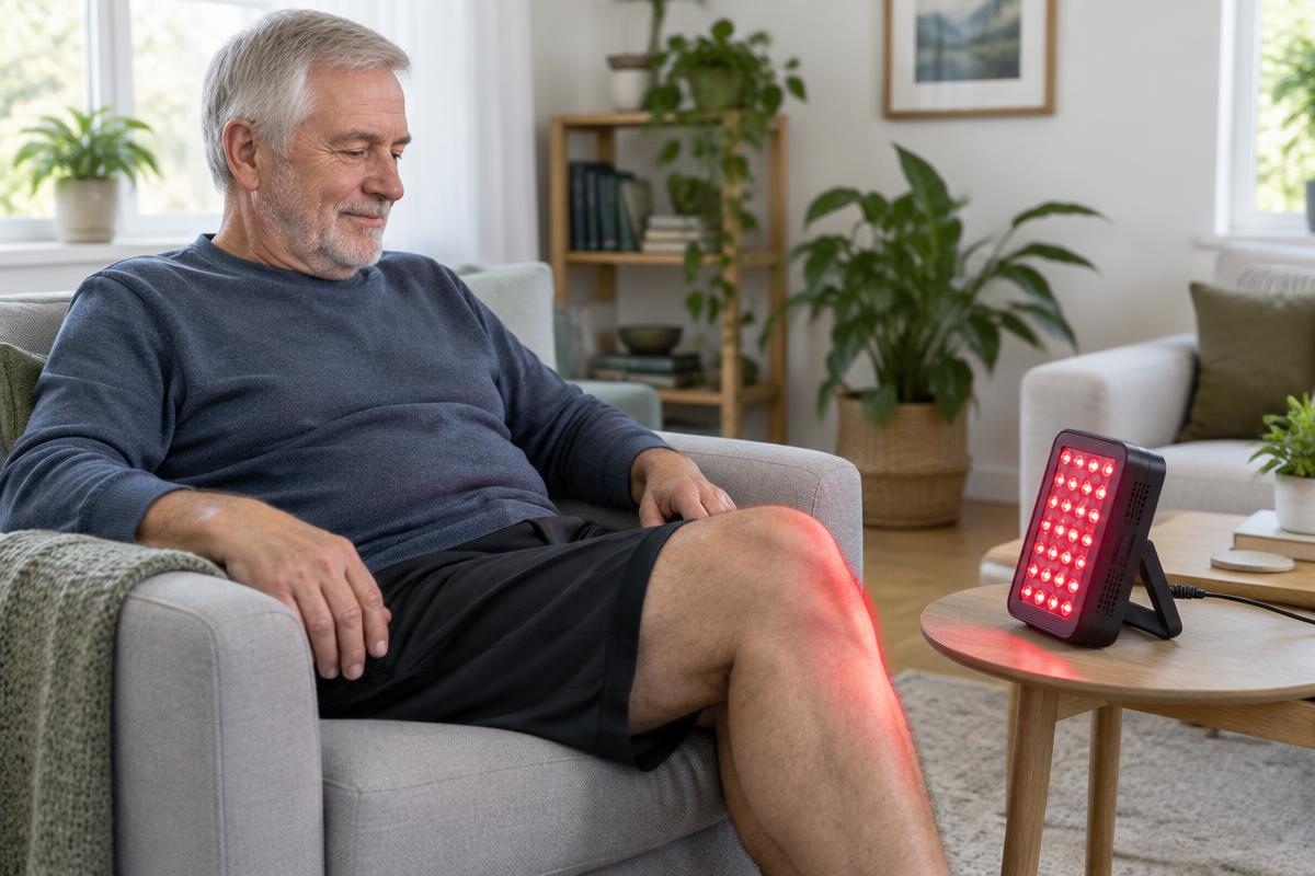 Older man using a red light therapy panel at home