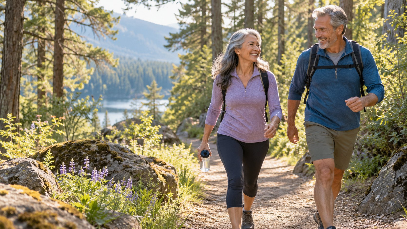Older couple walking together on a scenic wooded trail