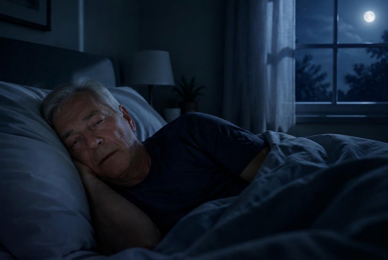 Man in his 60s sleeping peacefully in a cool, dark bedroom