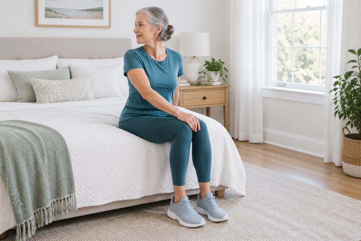 Older woman seated upright on a bed with feet on the floor, turning gently to one side