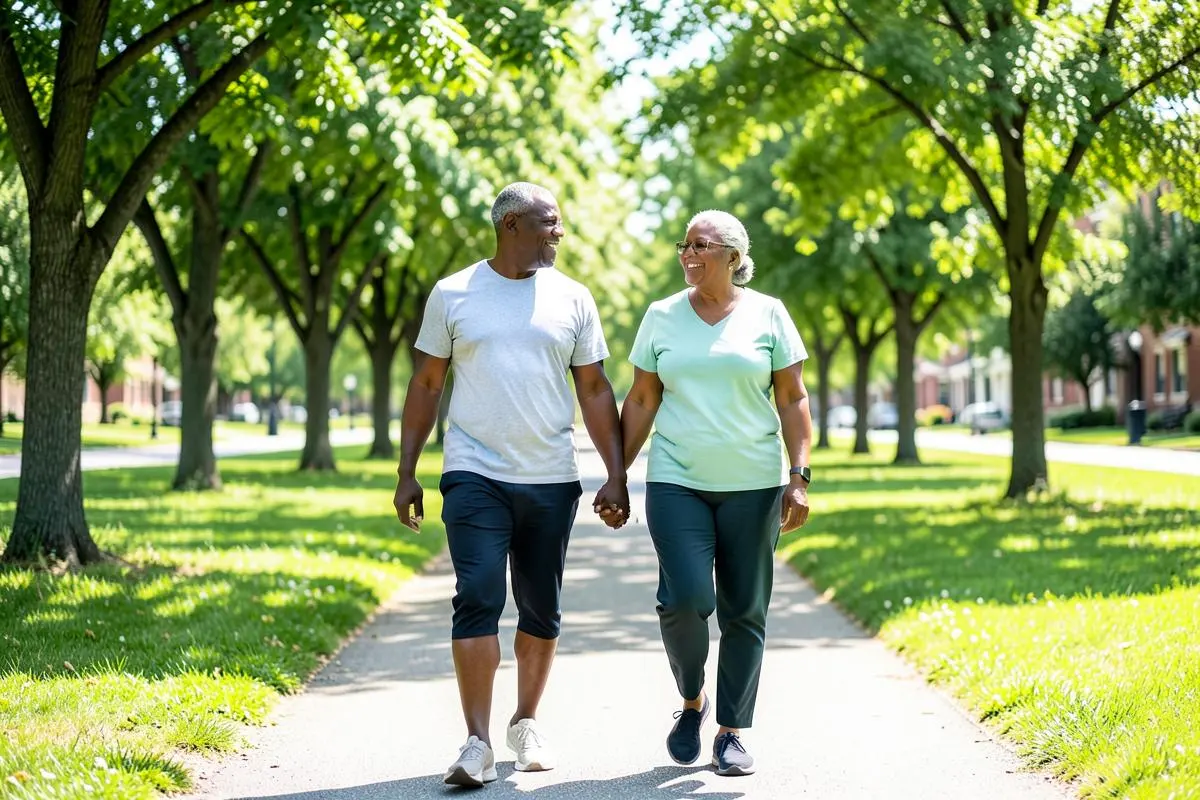 Active couple over 60 walking together on a tree-lined neighborhood path